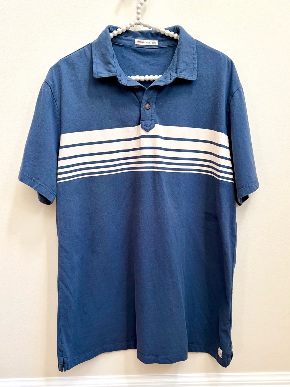 Marine Layer Air Stripe Navy Polo with White Chest Stripes
